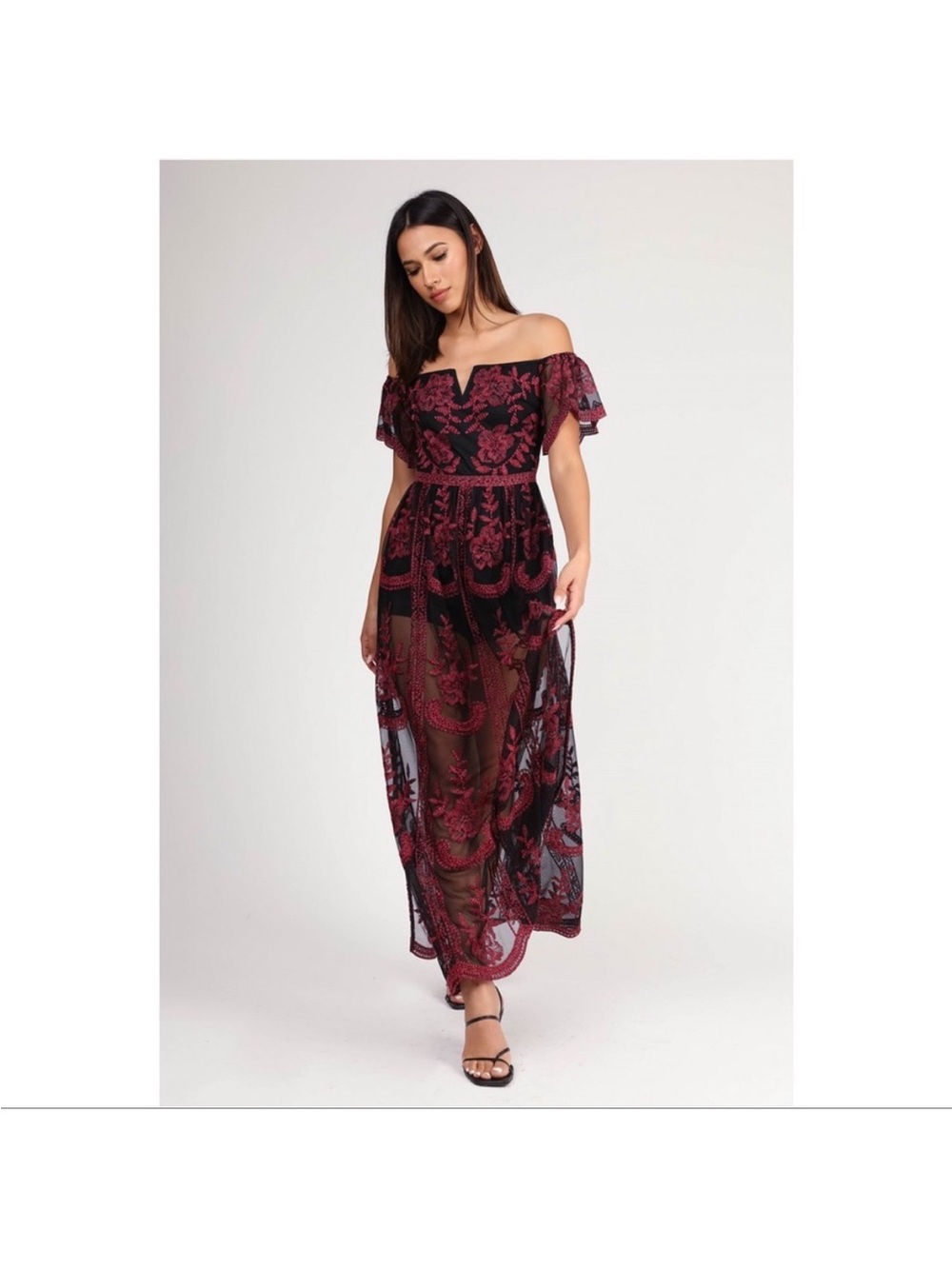 Honey punch lace embroidered off the shoulder maxi dress